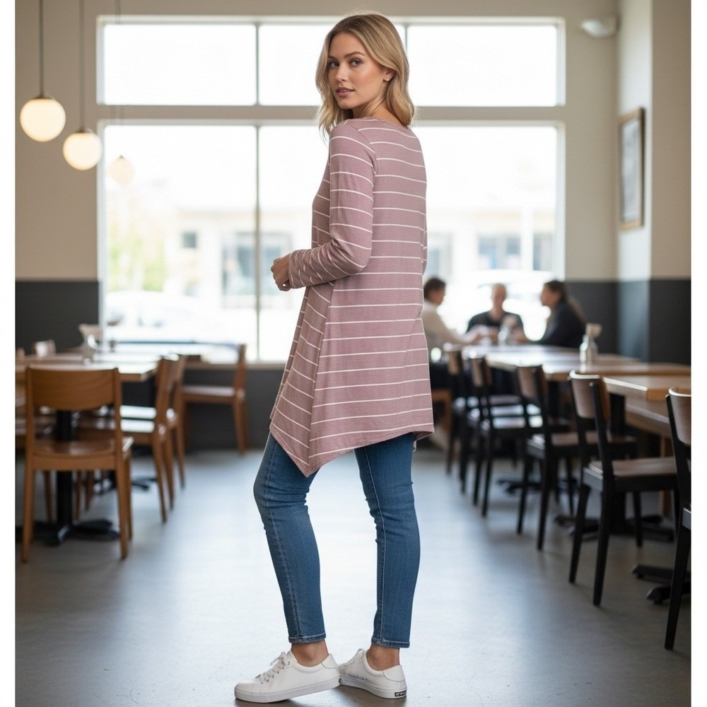 Just Be Womens 2X Striped V Neck Long Sleeve Tunic Top Dusty Rose‎ Casual